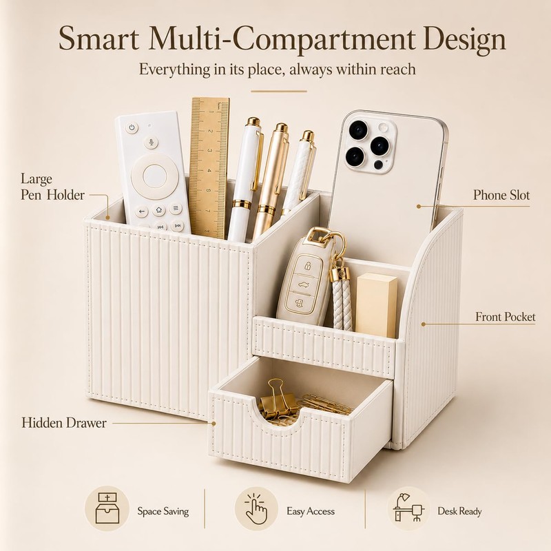 KINGFOM Luxury PU Leather Desk Organizer with Drawer, Modern Aesthetic