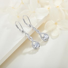 BELRYO Infinity Twisted Earrings Leverback Earrings 925 Sterling Silver Cubic Zirconia Dangle Drop Earrings Christmas Gift for Women Her Wife Mother April Birthstone White Color