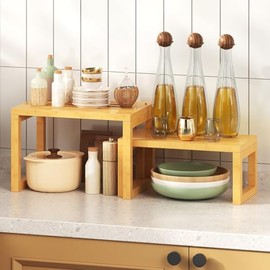 HOOBRO Spice Rack, Set of 2 Kitchen Organisers, Bamboo Kitchen Shelf, Cupboard Organiser, Spice Holder, Small Shelf for Kitchen, Dining Room, Living Room, Office, Bedroom, Bathroom, Natural EYL12TL01