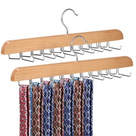 Tie Holders for Closet 2 Pcs, Tie Rack Hanger Hooks, Natural Wood Finish, 20 Rotating Hooks Each, Multi-Functional Storage for Ties Belts Scarves