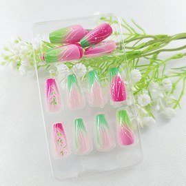French Press on Nails Coffin Medium Fake Nails Red Pink Stick on Nails with Leaves Designs Green Glue on Nails Lines Acrylic Nail Press ons Gradient Artificial Manicure Full Cover for Women 24Pcs