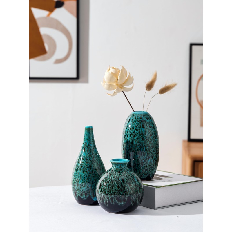 Set of 3, Decorative Ceramic Vases, Turquoise Blue Glazed Finish,