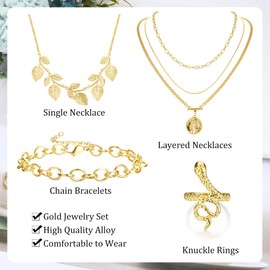 Drperfect Gold Jewelry Sets for Women Girls Gold Layered Necklaces Chain Bracelets Knuckle Rings Gold Jewelry for Valentine Anniversary Birthday Gift