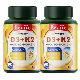 Bevive Vitamin D3+K2 Bone & Calcium Support | Non-GMO | Caffeine-Free Vitamin K2 MK-7 D3 10,000 IU Coconut MCT Oil 90 Capsules Fitness & Healthcare - Quantity: 2 Bottle