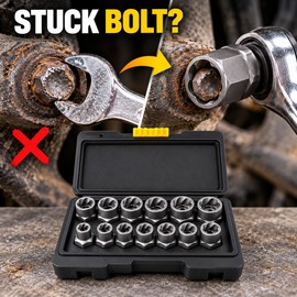 14Pcs Damaged Nut Bolt Extractor Set Impact Socket Bolt Remover Metric SAE Cr-Mo Steel Screw Extractor Tool with Storage Box