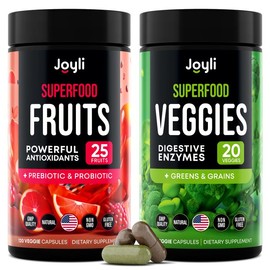 JOYLI Nutrition Fruits and Veggies Supplement - High Fiber Immunity, Gut & Energy Boost - 25 Super Reds & 20 Super Greens  | Vegan, Gluten Free, GMO Free |  240 Powder Superfood Capsules