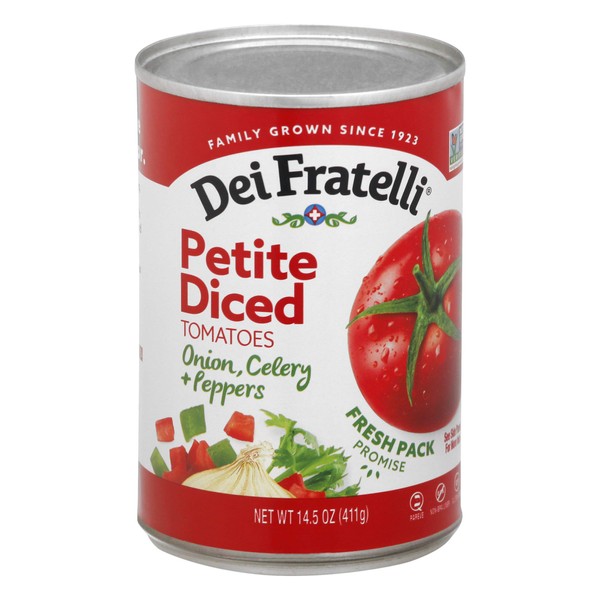 Dei Fratelli Petite Diced Tomatoes with Onion, Celery, and Peppers - All-Natural Vine-Ripened – Non GMO, Gluten-Free (14.5 oz. Cans, 12 pack)