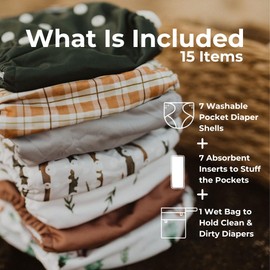 Nora's Nursery Cloth Diapers 7 Pack with 7 Inserts & 1 Wet Bag - Waterproof Cover, Washable, Reusable & One Size Adjustable Pocket Diapers for Newborns and Toddlers - Woodlands