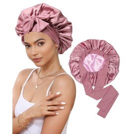 Satin Bonnet for Sleeping Cap Double Layer Hair Bonnet with Elastic Tie Band for Curly Hair Night Cap (Bean Paste + Pink)