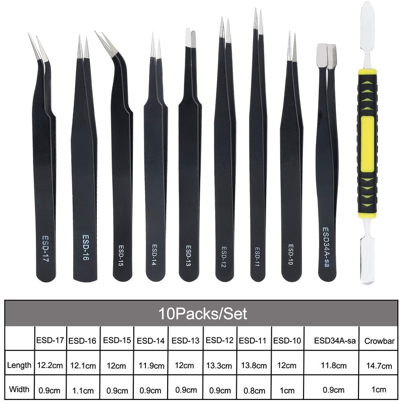 Anti-Static Tweezers ESD Pack of 10 Precision Tweezers Sets with