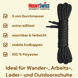 Mount Swiss© Round Laces for Trekking and Work Shoes, Extra Tear-Resistant, Diameter 5 mm, Length 70-220 cm, Polyester (Ms-sp-04) - Black , size: 70 cm