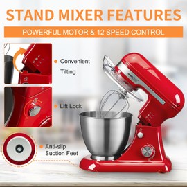 Geek Chef Electric Stand Mixer, 4.8QT 12 Speeds Tilt-head Food Mixer with Dough Hook, Whisk, Beater, Bowl, Rotary Knob for Home Kitchen Use, Wild Red