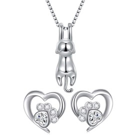 Wonvin Collection Womens 925 sterling silver 3D cute cat Lover Matte surface/smooth pendant necklace (Earrings+Necklace Set)