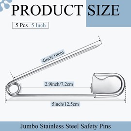 Juexica 5 Pcs Large Safety Pins 5 Inch Jumbo Stainless Steel Safety Pins Heavy Duty Huge for Strong Laundry Upholstery Sewing Quilting Key Rings Craft Outdoor (Silver)