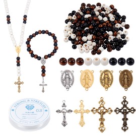 NBEADS About 348 Pcs Rosary Making Kit, Including Wood Round Beads Alloy Cross Pendants with Elastic Crystal Thread for DIY Craft Bracelet Necklace Earring Jewelry Making