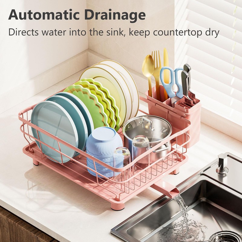 AIDERLY Iron Dish Drying Rack Auto Drain Dish Drainers Kitchen
