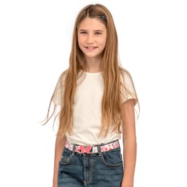 Girls 1-11 Years Fully Adjustable Elasticated Belt with Large Buckle Design - Pink Spots / Pink Butterfly