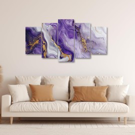 PBXBJY Purple and Grey Abstract Wall Art 5 Piece Large Gold Poster Prints Marble Artwork for Living Room Bedroom Decor (Purple, (10"x16"x2 10"x20"x2 10"x24"x1))