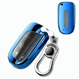 K LAKEY Key Fob Cover,Fit for Jeep Bottons Remote Key Grand Cherokee Renegade Compass Dodge Durango Journey Charger Challenger Key Fob,Smart Key Fob Soft TPU Case Shell with Alloy Keychain Blue