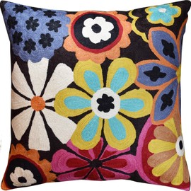 Kashmir Designs Modern Black Daisy Floral Pillow Cover Accent Flower Traditional Pillowcase Hand Embroidered Florals Couch Pillowsham Boho Outdoor Cushion Suzani Accent Pillow Wool 18x18 Inch