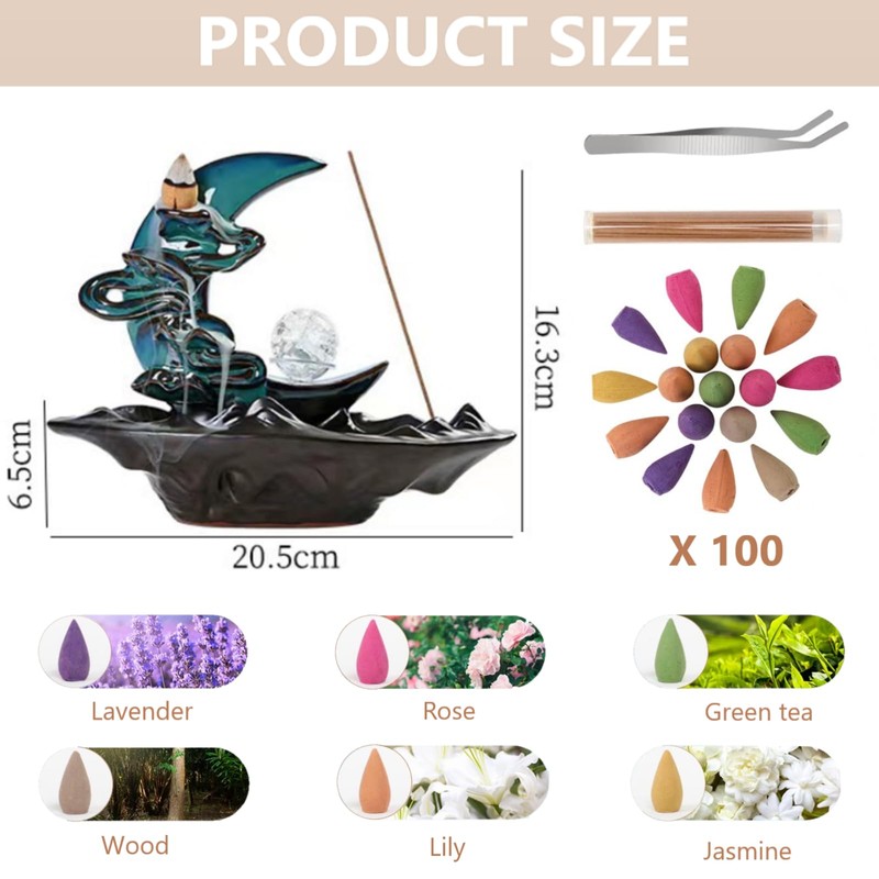 Ayeelamb Waterfall Incense Burners, Waterfall Incense with 60 Backflow Incense