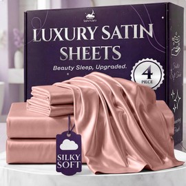 SLEEP SANCTUARY Satin Sheets King Size – 4 Piece Luxury Silky Bed Set, Softer Than Silk, 15" Deep Pocket, Cooling & Wrinkle-Free, Moisture-Wicking & B