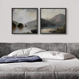 SIGNFORD Framed Canvas Print Wall Art Tranquil Mountain Lake Peaceful Landscape Nature Wilderness Illustrations Modern Art Decorative Rustic for Living Room, Bedroom, Office - 24"x24"x2 Black