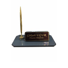 MOOGCO Custom Desk Name Plate : Black Glass Desk Name Plate with Clock, Pen Holder with 2 Pens, Cardholder - Desktop Nameplate, Desk Organizer (Black Single Small)