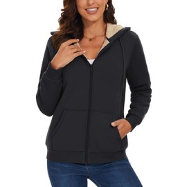 MAGCOMSEN Womens Zip Up Hoodies Sherpa Lined Fleece Thermal Jacket Full Zip Winter Warm Casual Thick Coats Pockets Black S