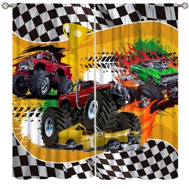 AAVEUP Monster Truck Curtains for Kids,Cartoon Fleet Racing Car Stadium Game Cool Flame Flag Racing Window Drapes Print for Nursery Boys Bedroom Living Room 42x45in（No Blackout）