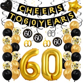 60th Birthday Decorations for Men Women, Black Gold 60th Birthday Balloons Cheers to 60 Years Banner Hanging Swirls for Happy 60th Birthday Decoration Anniversary Party Supplies Favors