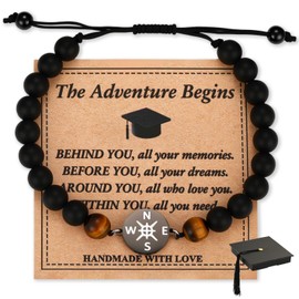 KLIFOWDY Graduation Gifts for Him Inspirational Compass Bracelet Adjustable Bracelets for Men Bead Bracelets with Card and Unique Graduation Cap Box for 2025 Graduation Gifts