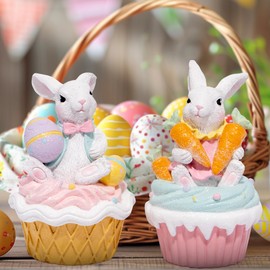 Hodao Easter Bunny Figurines - Handcrafted Resin Cupcake Decorations, Easter Egg and Carrot Design - Spring Home Décor, Table Centerpiece Decorations（2PCS）