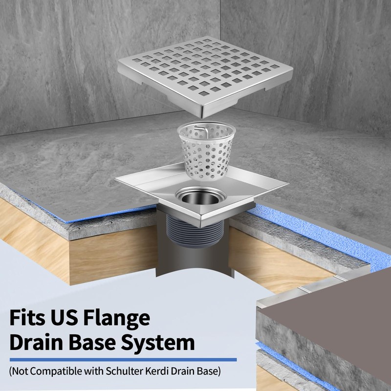 Boltigen Square Shower Drain, 304 Stainless Steel 4 inch Shower