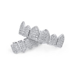 YOSZO Grillz Teeth Men 18K Plated Gold Grills for Your Teeth Jewelry Hip Hop Diamond CZ Top Bottom Grills Mouth Tooth Cap (Silver)