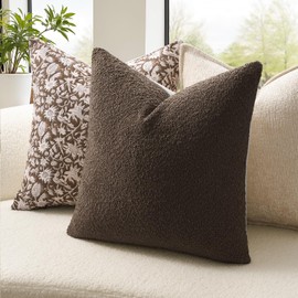 20x20 Inches Set of 4 Boucle Pillow Covers with linen Cotton Back Color-Block Neutral Brown Decorative Cushions for Cozy Modern Farmhouse Living Rooms Sofa Chair Textured Front Design Home decor