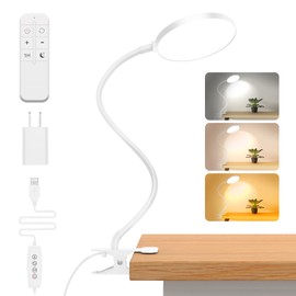 Reading Light with Remote, LED Desk Lamp Clip on [1H Timer & Nightlight] RA>95 Dimmable Flexible Gooseneck, USB Reading Lamp Clamp for Table - 4.7'' (Adapter Included) -White