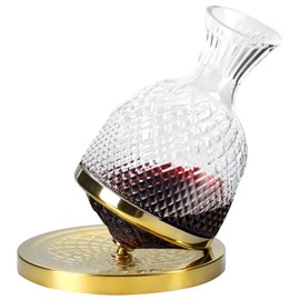 Red Crystal Wine Decanter, Spinning Wine Decanter with Aerator, 50oz 360 Rotation Rapid Wine Aeration with Thickened Golden Base for Whisky and Wine, Wine Lover Gift (Gold)