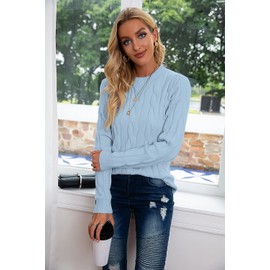 Breampot Women Cable Knit Jumper Casual Basic Long Sleeve Pullover Sweater Tops(Blue,Medium)