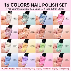 Nailshion 16 Colors Nail Polish Set Spring Summer Regular Jelly Nail Polish Air Dry Glitter Shimmer Nail Lacquer Bulk Toenail Polish Kit with Base Top Coat & 35Pcs Polish Remover Pads Gift