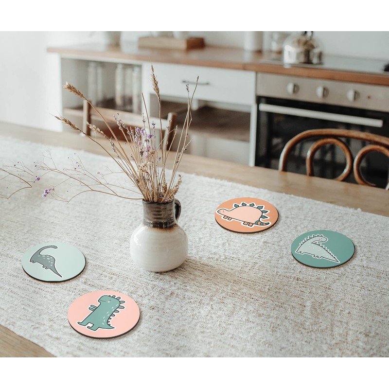 4 x Round Dinosaur Coasters - Dino T-Rex Cartoon Boys