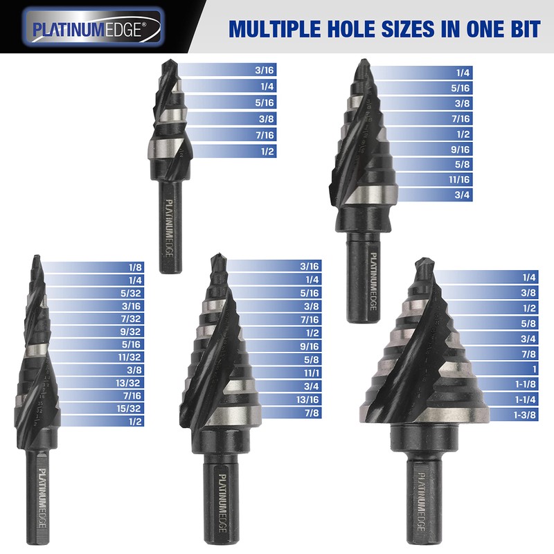 PLATINUMEDGE Step Drill Bits Set, 5 Pcs High Speed Steel
