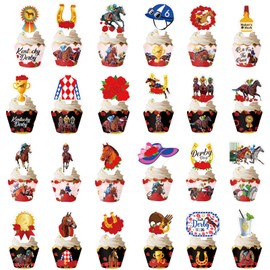 SYUCVQI 24 Pcs Horse Racing Cupcake Toppers Kentucky Derby Party Decorations Include Cupcake Picks Wrappers for Horse Birthday Run for The Roses Derby Day Party Supplies