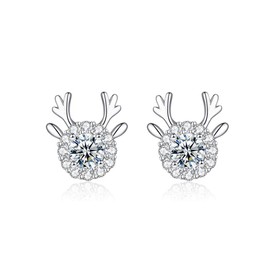 wynn's Silver Christmas Stud Earrings for Women, 925 Sterling Silver Xmas Reindeer Stud Earrings, 10mm Small Sleeper Studs with AAAAA White Cubic Zirconia, Gift for Christmas