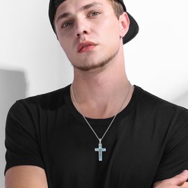 OHAYOO Crucifix Necklace 925 Sterling Silver Cross Chain Men's Cross Necklace Jesus Pendant Abalone / Turquoise / Malachite Silver Chain with Cross Men's Jewellery for Men, Sterling Silver, Created