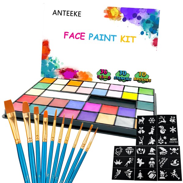 ANTEEKE Body Painting Colours, 36 Face Paint Children's Make-Up Face Paint Kit, Water Soluble Professional Body Paint Palette for Halloween, Christmas, Easter, Carnival, Theme Parties, Colsplay