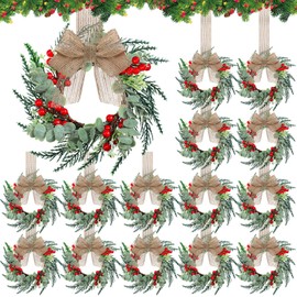 Hotop 18 Set Mini Christmas Wreaths for Cabinet Small Christmas Wreath with Burlap Ribbon for Kitchen Farmhouse Decoration Artificial Hanging Ring Garland for Front Door Porch Fence Wall Window Decor
