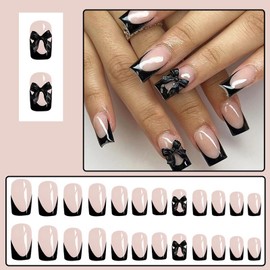 24Pcs French Tip False Nails Short - Press on Nails - Fake Nails with Black Bow - Black Edge Elegant Press on Nails - Glossy Glue on nails - Full Cover,12 Sizes Reusable Acrylic Nail for Women Girls