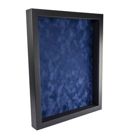 11x14 Shadow Box Frame Black Wood with a 1 3/4" Usable Display Depth Includes a Navy Blue Suede Acid-Free Backing Board, UV Resistant Acrylic, and Hanging Hardware