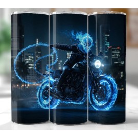 Handmade Flaming Blue Ghost Rider Motorcycle 20oz Tumbler — Skull Stainless Steel Cup